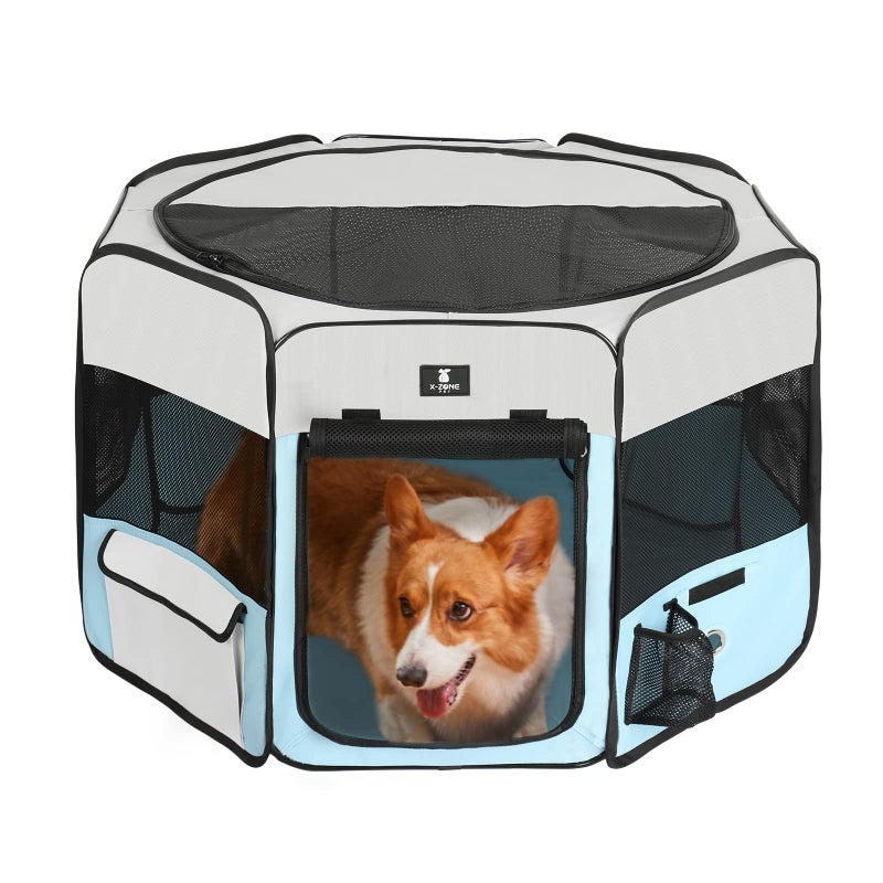X-ZONE PET Dog Playpen Portable Pet Play Pens for Puppies, Cat, Rabbit, Chicks, Foldable Exercise Play Tent Kennel Crate, Indoor/Outdoor Travel Camping Blue Medium - Image 1